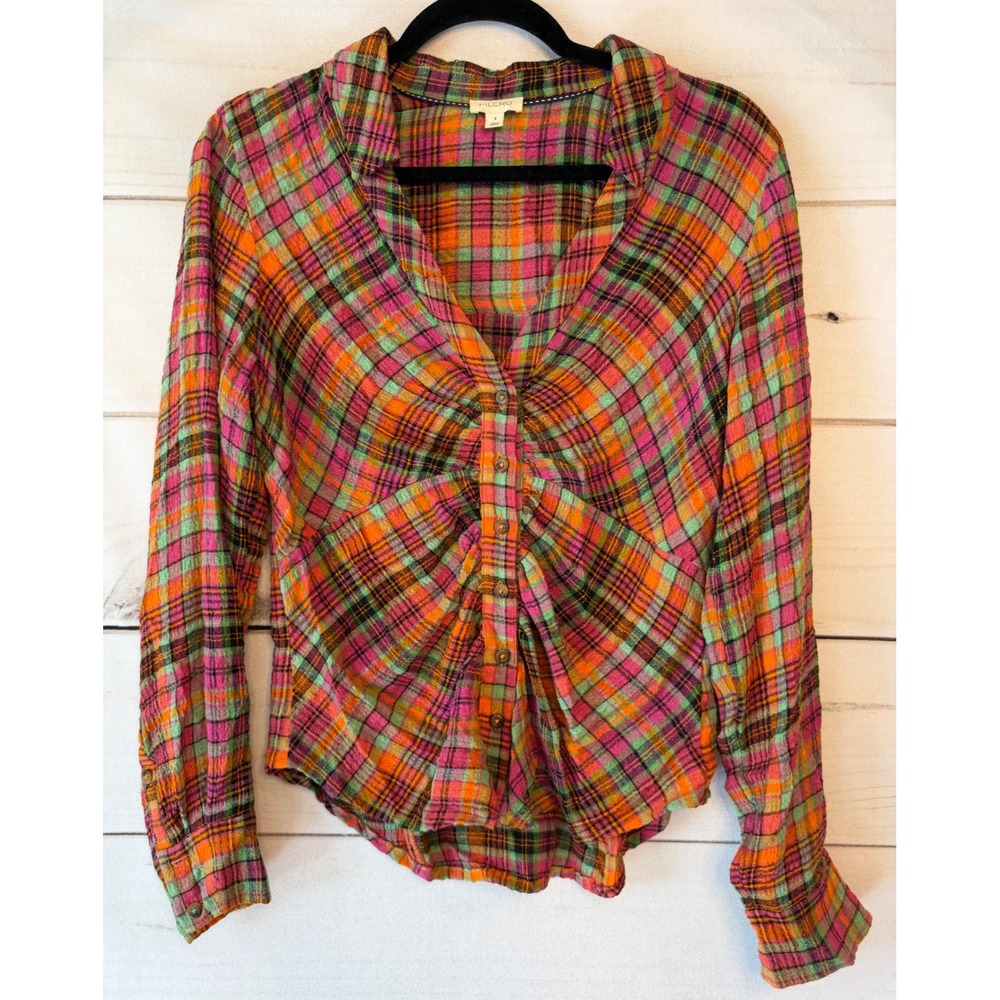Pilcro Anthropologie Pink Orange Plaid Ruched Button Down Top Small